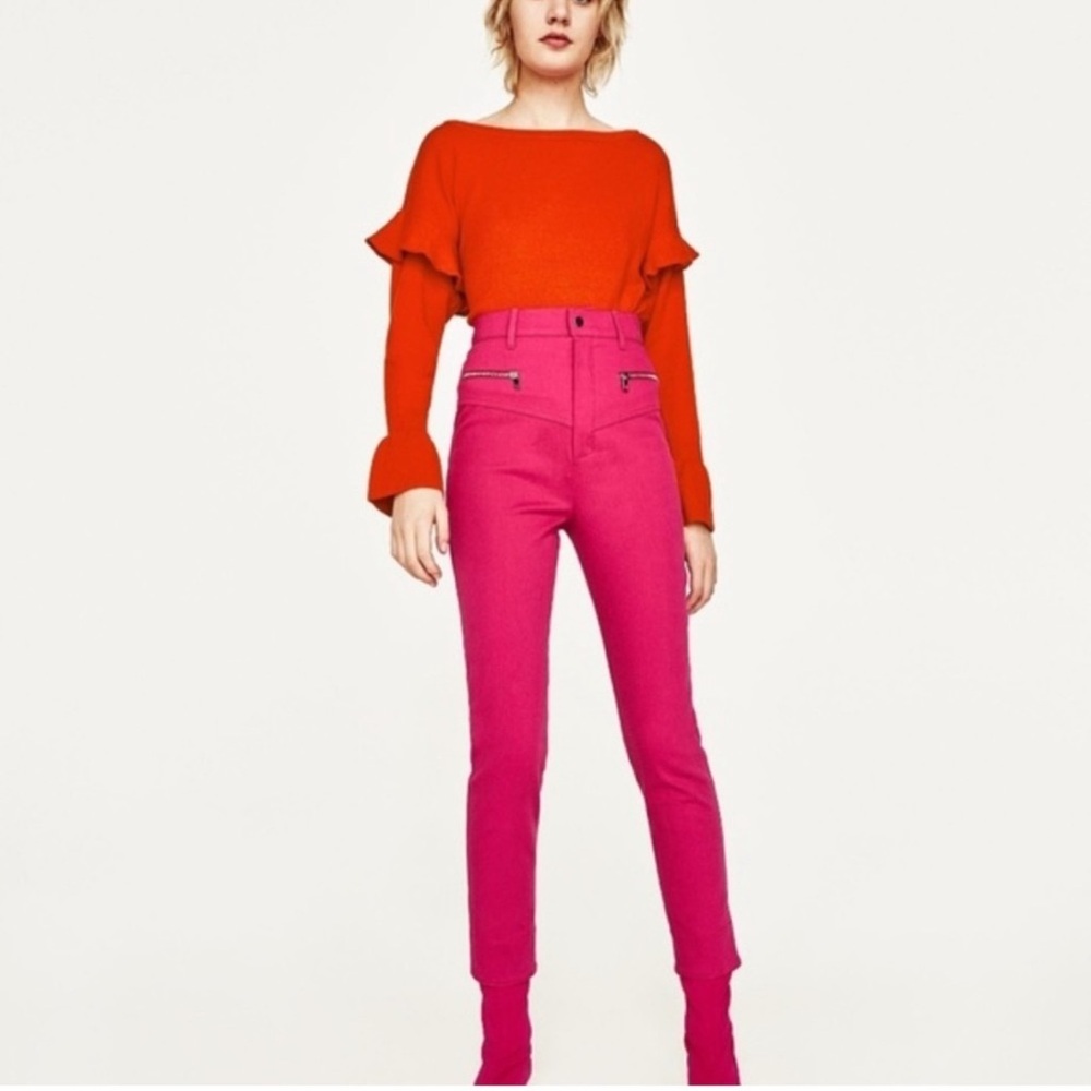 Zara Women’s Red Orange Bell Sleeves Ruffle Knit Long Sleeve Flounce Sweater - Picture 5 of 15